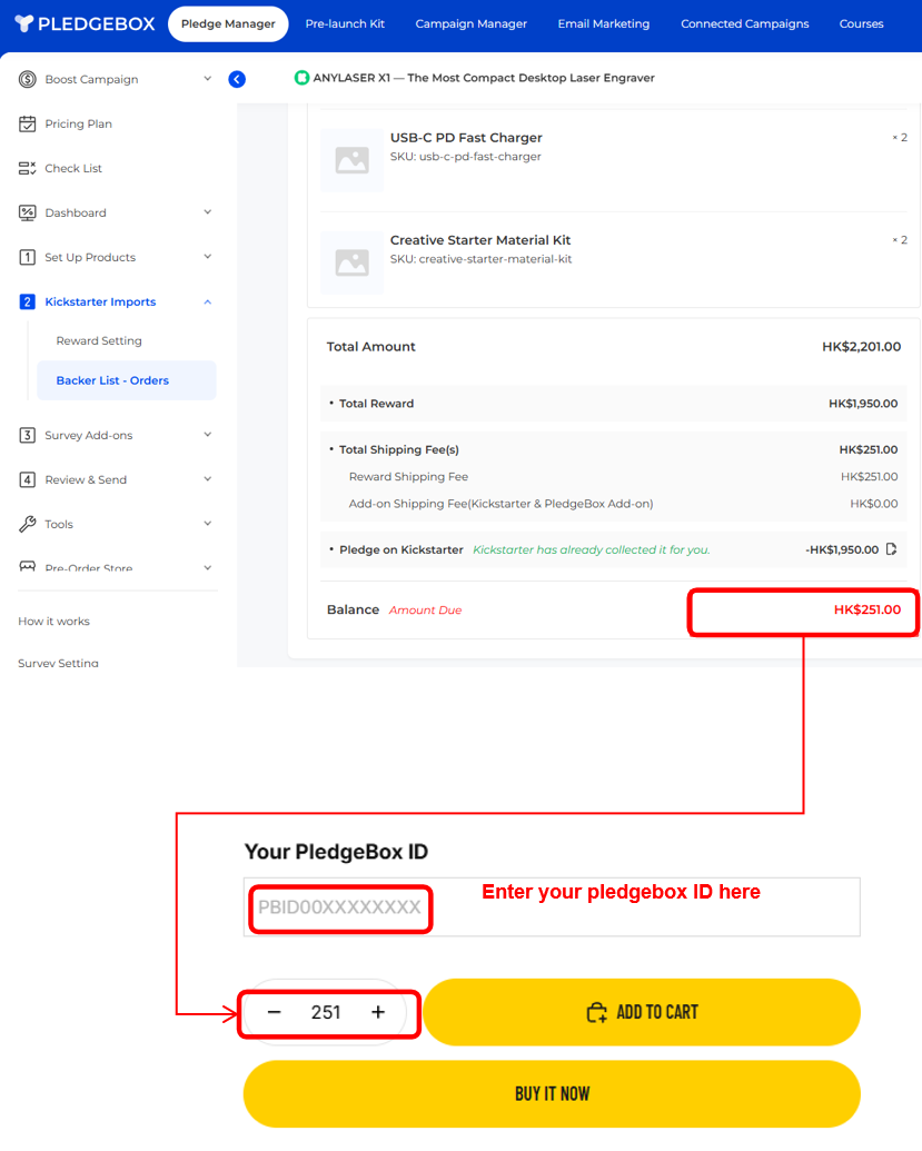 Anylaser X1  Pledgebox Survey Balance Due Payment